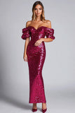 Sparkly Fuchsia Schede Off The Shoulder Pailletten Lange Formele Jurk