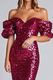 Sparkly Fuchsia Schede Off The Shoulder Pailletten Lange Formele Jurk