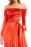 Oranje schede Off the Shoulder Lange Mouw Geplooide Satijn Hi-Low Formele Jurk