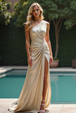 Schede Champagne One Shoulder Ruched Lange Formele Jurk met Split