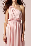 Roze One Shoulder Sheath Geplooide Lange Formele Jurk