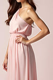 Roze One Shoulder Sheath Geplooide Lange Formele Jurk