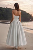 Witte satijnen A-lijn strapless trouwjurk