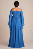 Off The Shoulder Blauwe Schede Chiffon Plus Size Moeder van de Bruid Jurk