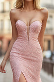 Roze schede Lace Strapless Ruched Lange Prom Jurk met Split