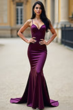 Bodycon Plum Spaghettibandjes Lange Satijnen Galajurk