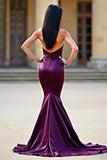 Bodycon Plum strapless korset lange satijnen galajurk