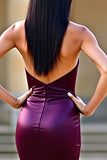 Bodycon Plum strapless korset lange satijnen galajurk