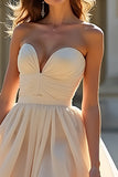 Champagne A Line Strapless Lange Galajurk Met Ruches