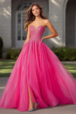 Sparkly Fuchsia A Line Strapless Pailletten Lange Prom Jurk Met Split