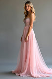 Sprankelend Roze A Line Sweetheart Pailletten Korset Lange Prom Jurk Met Split