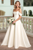 Satijn A Line witte off-shoulder trouwjurk met strik