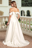 Satijn A Line witte off-shoulder trouwjurk met strik