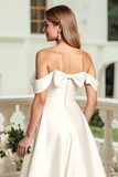Satijn A Line witte off-shoulder trouwjurk met strik