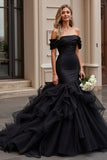 Ruffle Zeemeermin Tule Off The Shoulder Zwarte Trouwjurk