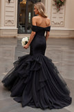 Ruffle Zeemeermin Tule Off The Shoulder Zwarte Trouwjurk