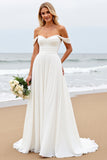Off the shoulder geplooide A Line ivoor trouwjurk