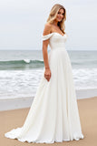 Off the shoulder geplooide A Line ivoor trouwjurk