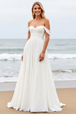 Off the shoulder geplooide A Line ivoor trouwjurk