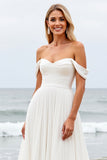 Off the shoulder geplooide A Line ivoor trouwjurk
