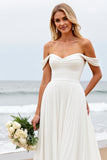 Off the shoulder geplooide A Line ivoor trouwjurk