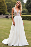 Chiffon Kant Ivoor Appliques Diepe V-hals A Line Trouwjurk