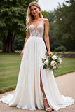Chiffon Kant Ivoor Appliques Diepe V-hals A Line Trouwjurk
