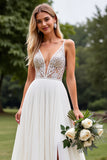 Chiffon Kant Ivoor Appliques Diepe V-hals A Line Trouwjurk