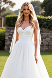 Stretch Satijn Organza Ivoor A Line Strapless Trouwjurk