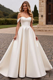 lvory A Line Off The Shoulder Satijnen Lange Trouwjurk