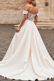 lvory A Line Off The Shoulder Satijnen Lange Trouwjurk