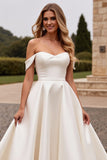 lvory A Line Off The Shoulder Satijnen Lange Trouwjurk