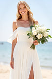lvory A Line Off The Shoulder Lange Trouwjurk met Split