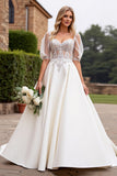 lvory A Line Halve Mouwen Geappliqueerde Lange Trouwjurk