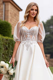 lvory A Line Halve Mouwen Geappliqueerde Lange Trouwjurk