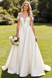 Witte A-lijn strass Off The Shoulder Satijnen Lange Bruidsjurk