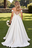 Witte A-lijn strass Off The Shoulder Satijnen Lange Bruidsjurk