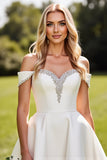 Witte A-lijn strass Off The Shoulder Satijnen Lange Bruidsjurk