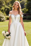 Witte A-lijn strass Off The Shoulder Satijnen Lange Bruidsjurk