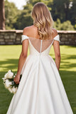Witte A-lijn strass Off The Shoulder Satijnen Lange Bruidsjurk