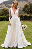 Witte Bodycon diepe V-hals en lange mouwen satijnen bruidsjumpsuit