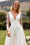 Witte Bodycon diepe V-hals en lange mouwen satijnen bruidsjumpsuit