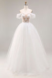 Ivoor Off The Shoulder Geborduurde tule lange baljurk trouwjurk