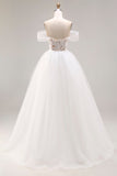 Ivoor Off The Shoulder Geborduurde tule lange baljurk trouwjurk