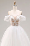 Ivoor Off The Shoulder Geborduurde tule lange baljurk trouwjurk