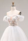 Ivoor Off The Shoulder Geborduurde tule lange baljurk trouwjurk