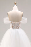 Ivoor Off The Shoulder Geborduurde tule lange baljurk trouwjurk