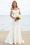 Witte zeemeermin Off The Shoulder Satijnen Lange Bruidsjurk Met Kant