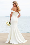 Witte zeemeermin Off The Shoulder Satijnen Lange Bruidsjurk Met Kant