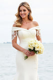 Witte zeemeermin Off The Shoulder Satijnen Lange Bruidsjurk Met Kant